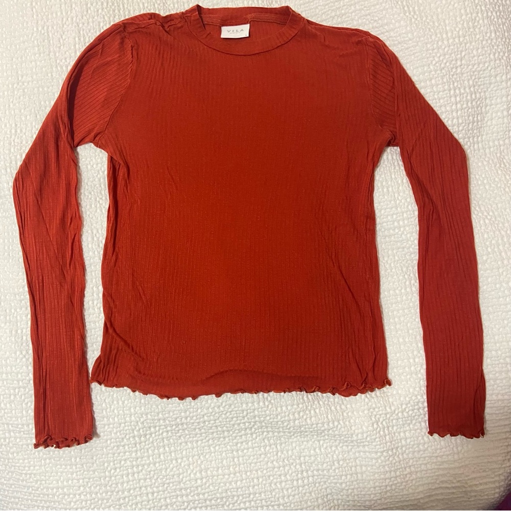 Women's orange lettuce hem Long Sleeve Top